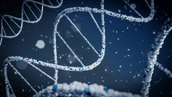 Detailed DNA helix structure showing what is DNA methylation process with crystalline particles on dark background