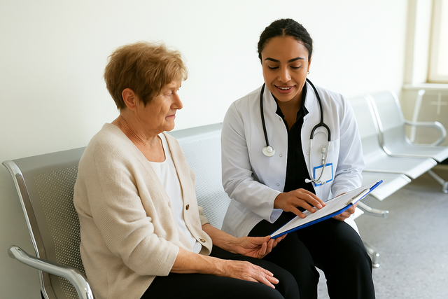 Elderly woman speaking with a doctor about memory concerns and ways to prevent dementia
