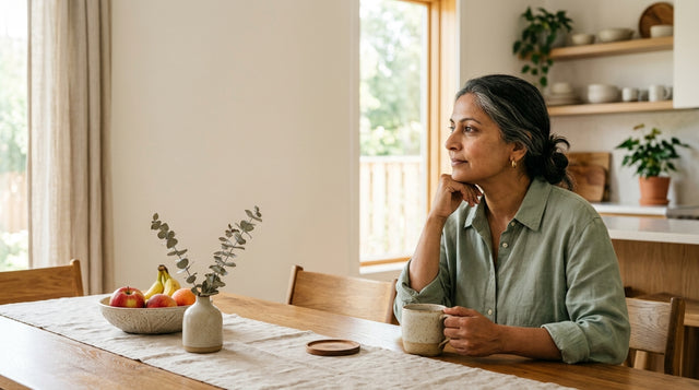 A woman thoughtful at her kitchen table, reconsidering a routine that stopped working
