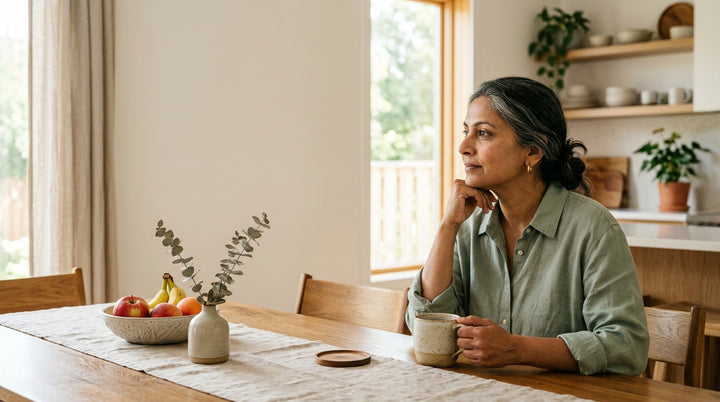 A woman thoughtful at her kitchen table, reconsidering a routine that stopped working