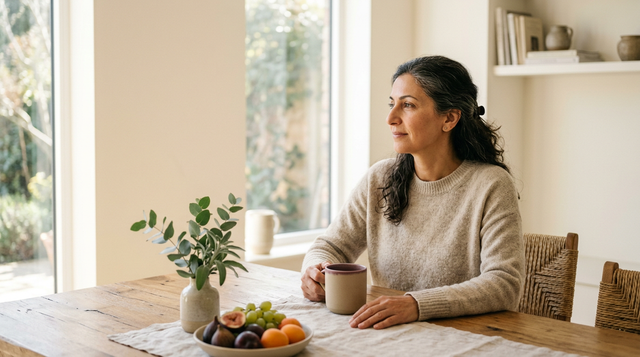 A woman reflecting calmly at her dining table in morning light