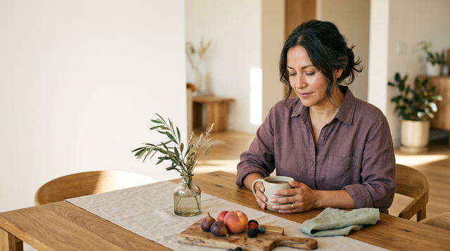 A woman with tea at her table, calm and recovering from fatigue