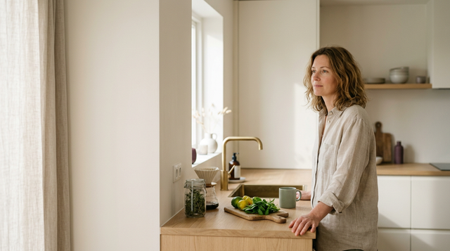 A woman pausing calmly in her kitchen, rethinking her summer reset