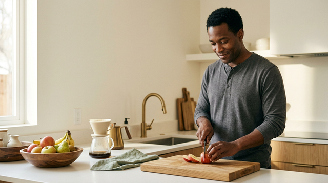 A man slicing fruit in his kitchen, representing sustainable everyday mens health