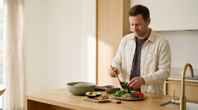 A man assembling a balanced plate of whole foods in his kitchen