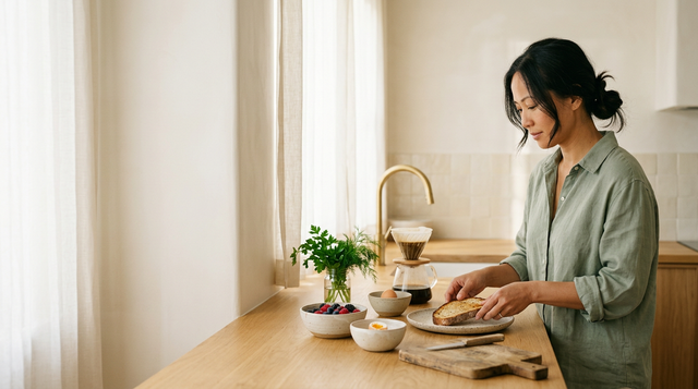 A woman calmly plating a balanced breakfast in a bright kitchen