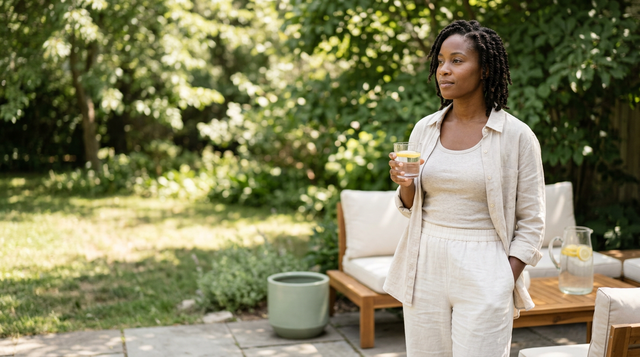 A woman with a glass of water on a sunlit patio, representing personalized hydration