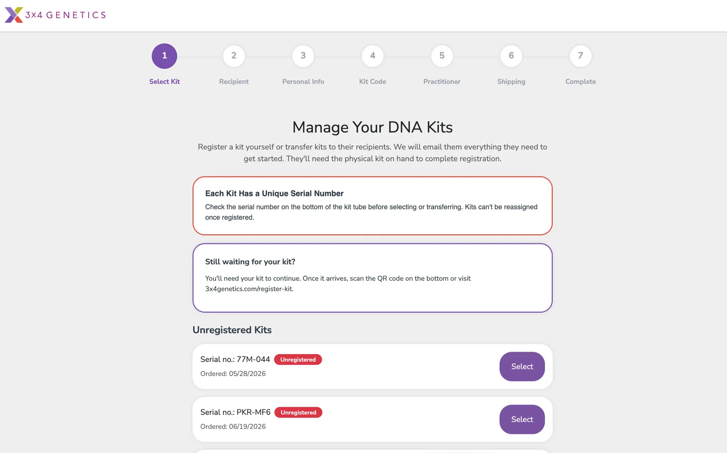Manage Your DNA Kits screen