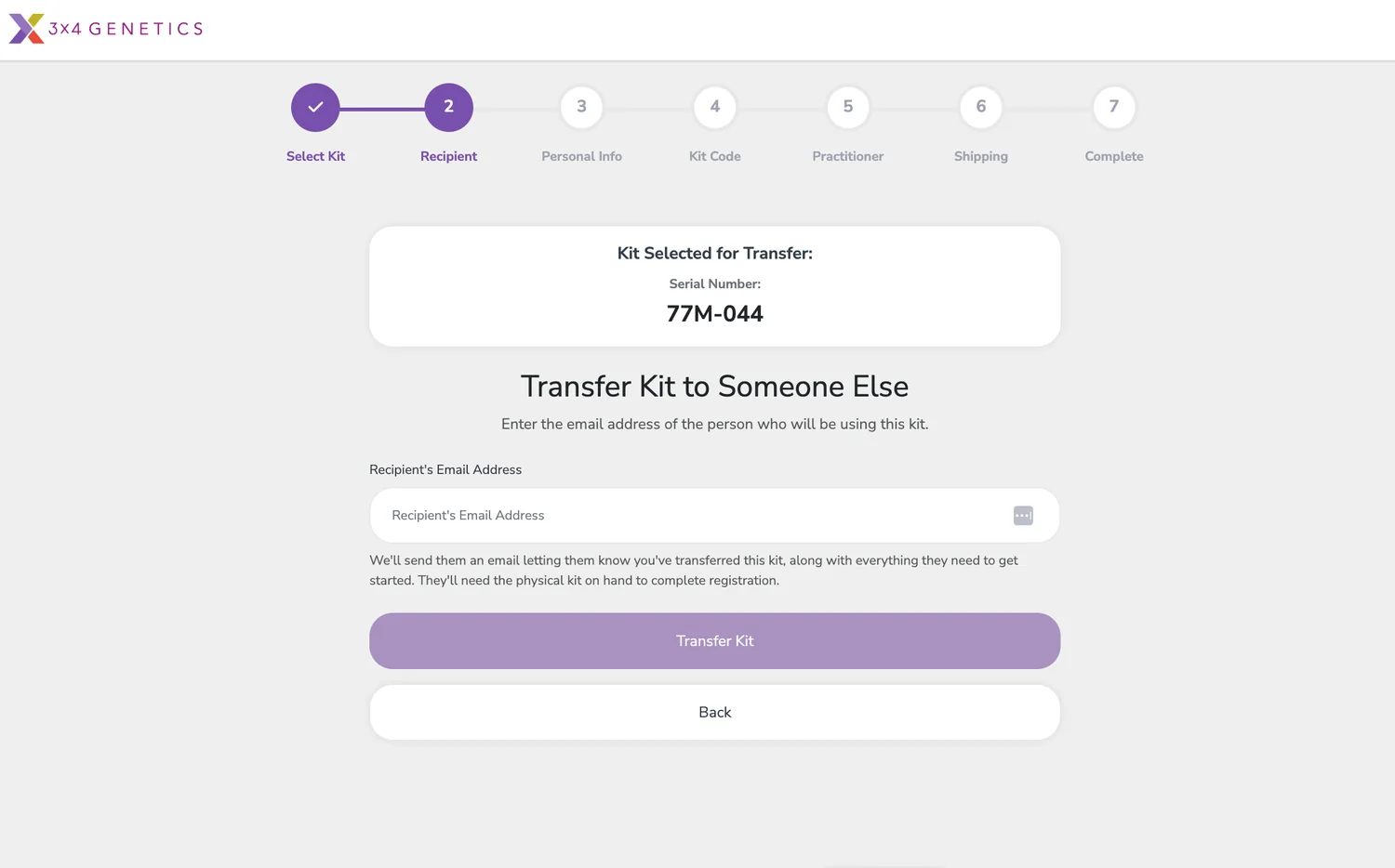 Transfer Kit to Someone Else screen