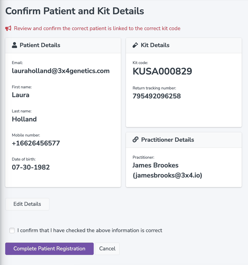 Confirm Patient and Kit Details screen in the 3X4 practitioner portal