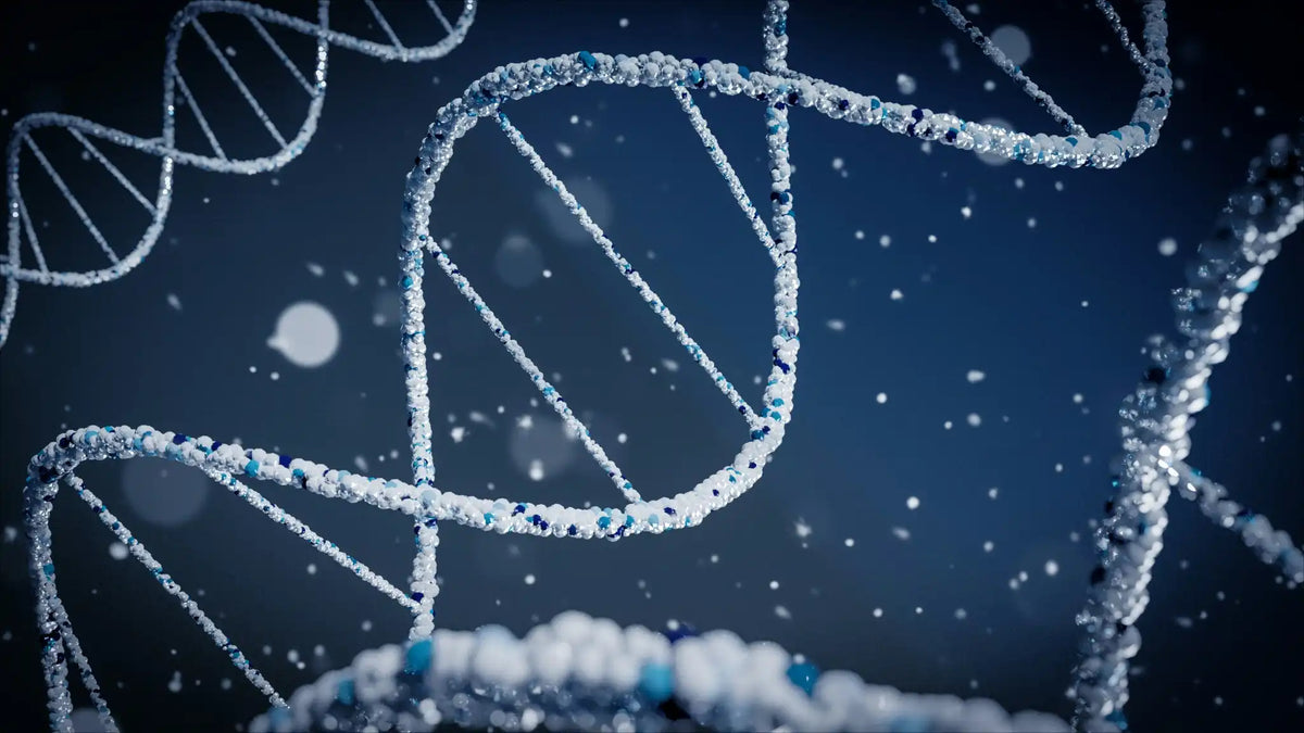 Detailed DNA helix structure showing what is DNA methylation process with crystalline particles on dark background