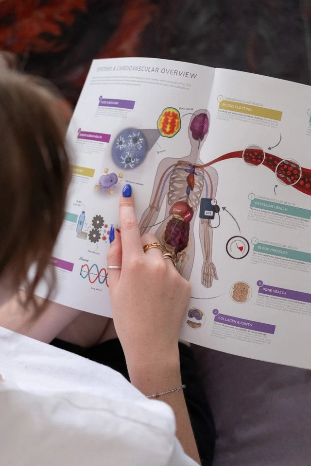 Medical expert examining a 3X4 genetic blueprint document.