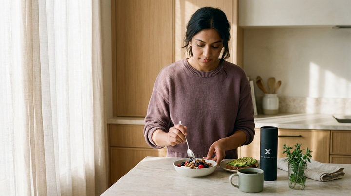 Woman in a modern kitchen plating a breakfast of yogurt, berries and avocado toast, with a 3X4 Genetics Test kit on the counter