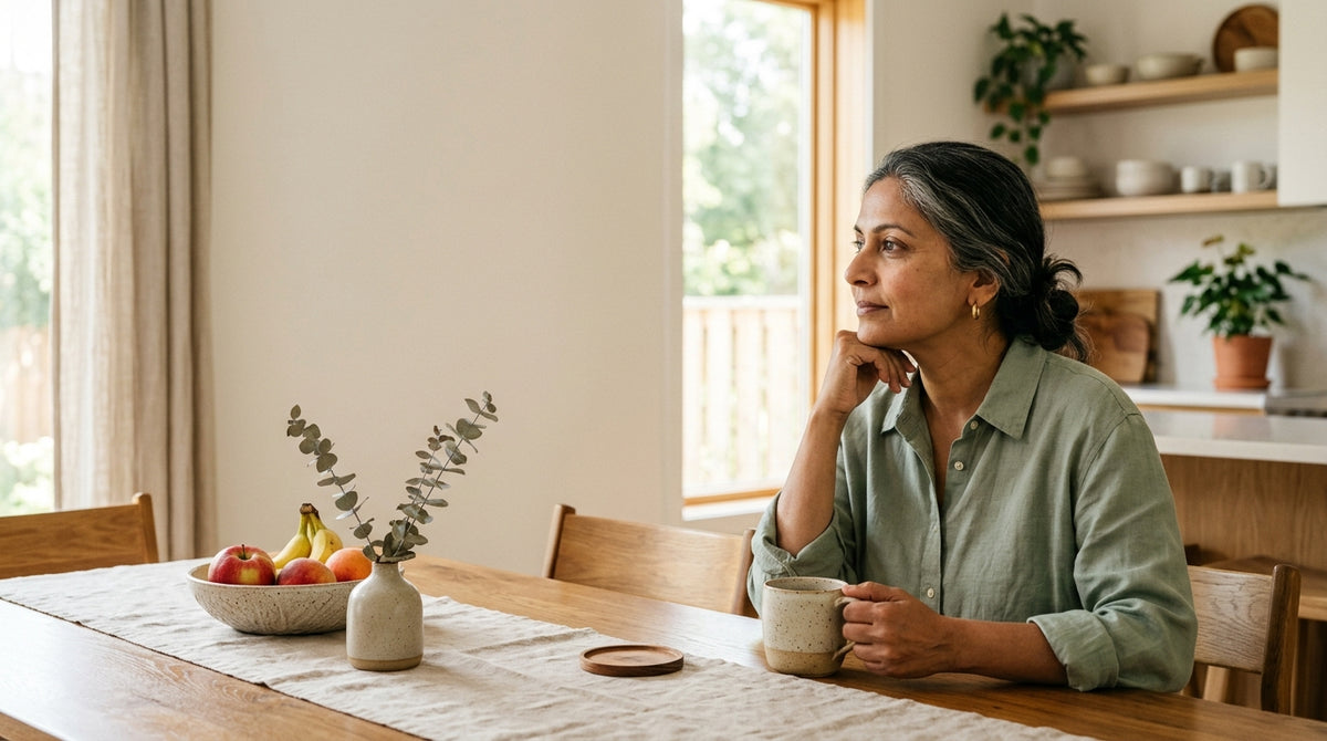 A woman thoughtful at her kitchen table, reconsidering a routine that stopped working