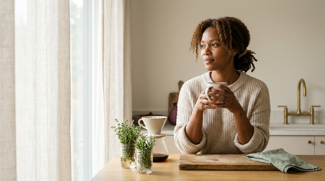 A woman starting her morning calmly in a sunlit kitchen, representing personalized genes-first wellness