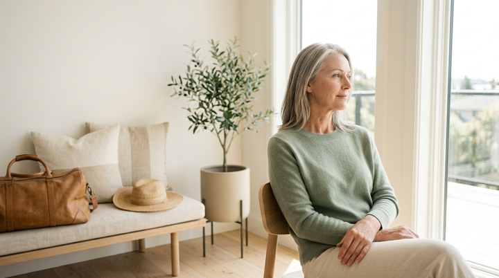 A woman resting by a sunlit window, representing better travel, sleep, and aging