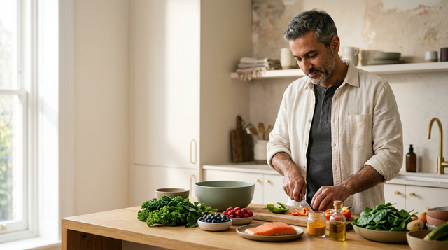 A man preparing colorful whole foods in a kitchen, representing anti-inflammatory eating