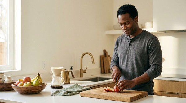 A man slicing fruit in his kitchen, representing sustainable everyday mens health