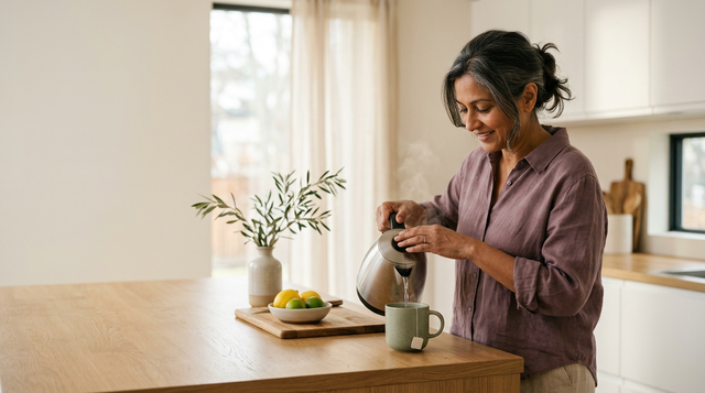 A woman making tea in a bright morning kitchen, representing natural, sustained energy