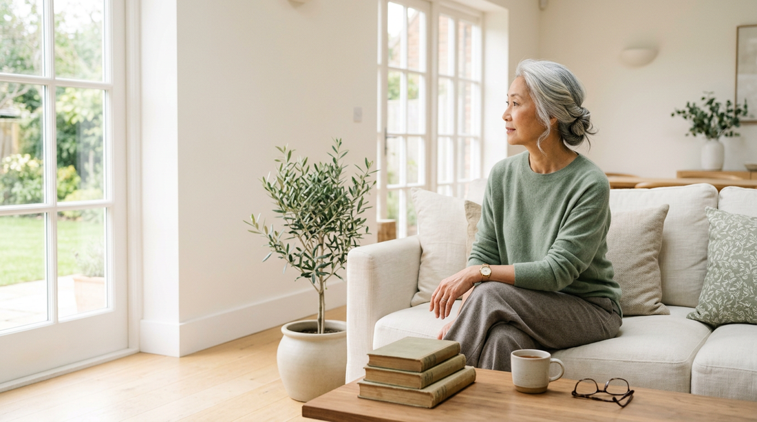 An older woman relaxed in a light-filled living room, representing healthy aging and healthspan