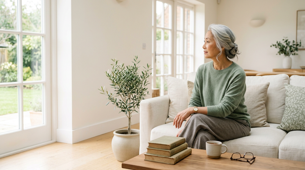 An older woman relaxed in a light-filled living room, representing healthy aging and healthspan