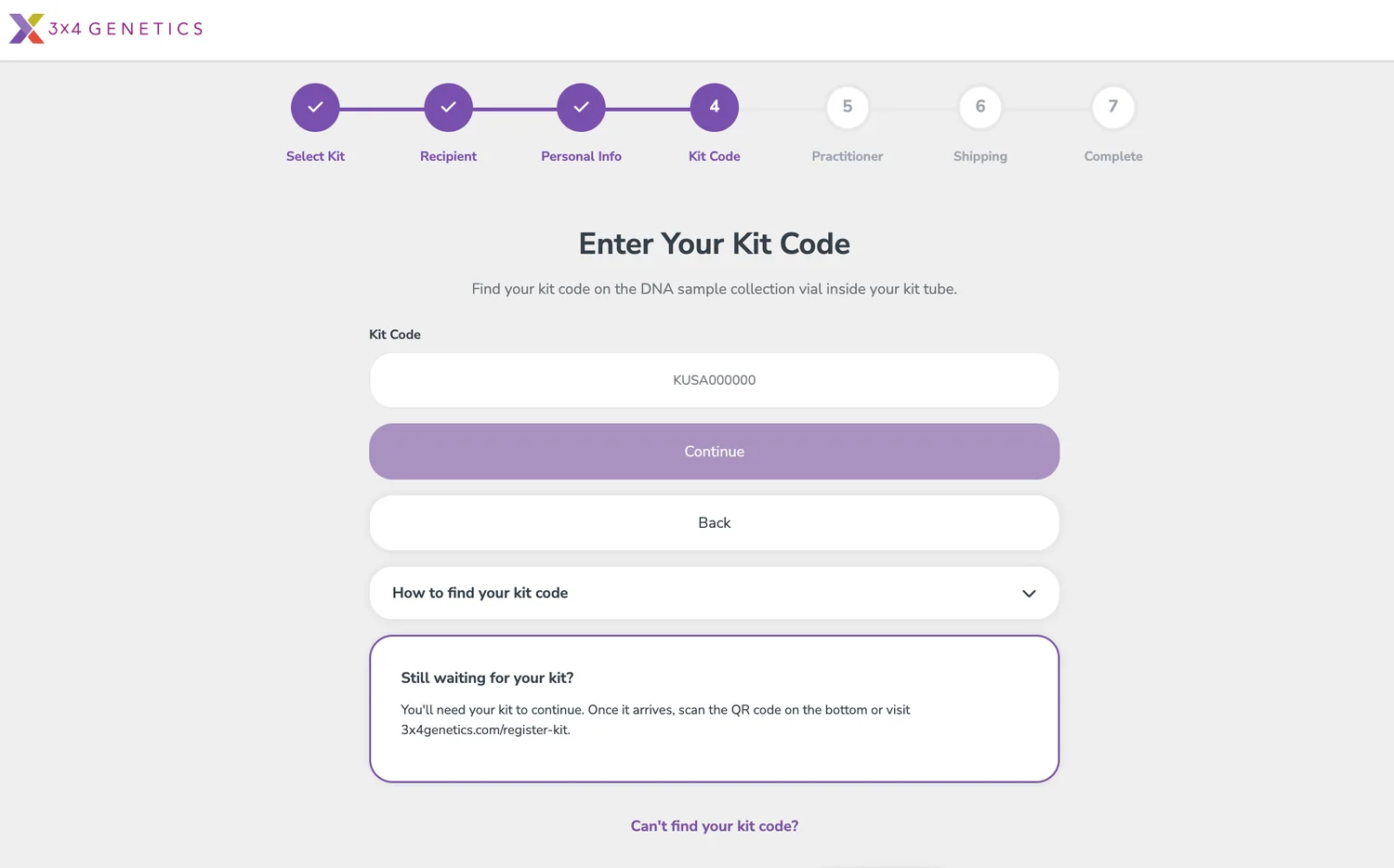 Enter Your Kit Code screen