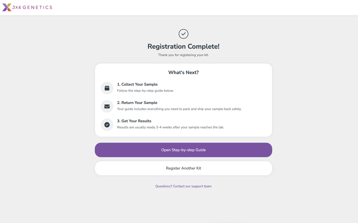 Registration Complete screen