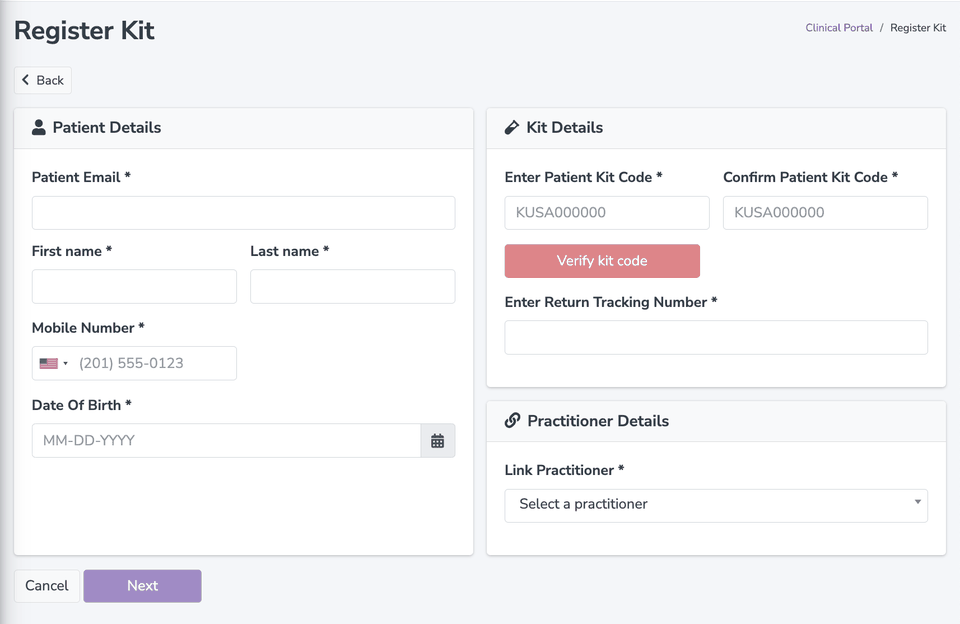 The Register Kit screen inside the 3X4 practitioner portal
