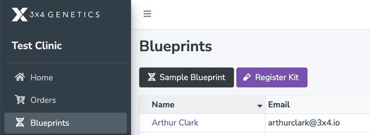 Blueprints tab in the 3X4 practitioner portal with the Register Kit button