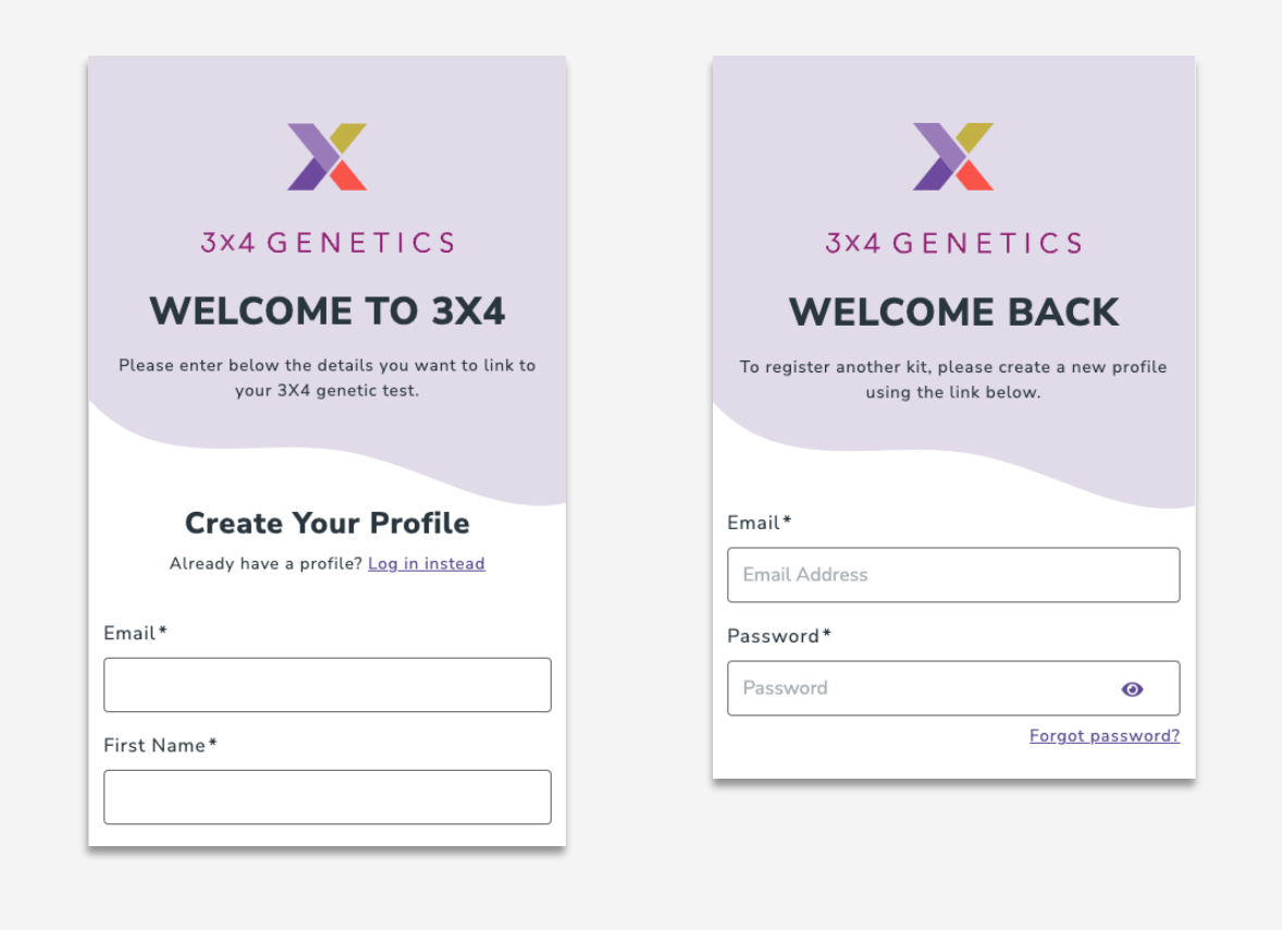 Create your profile or log in screen