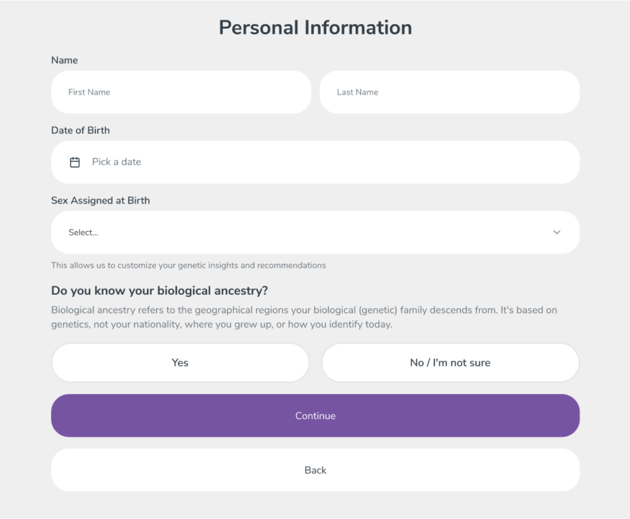 Personal Information screen